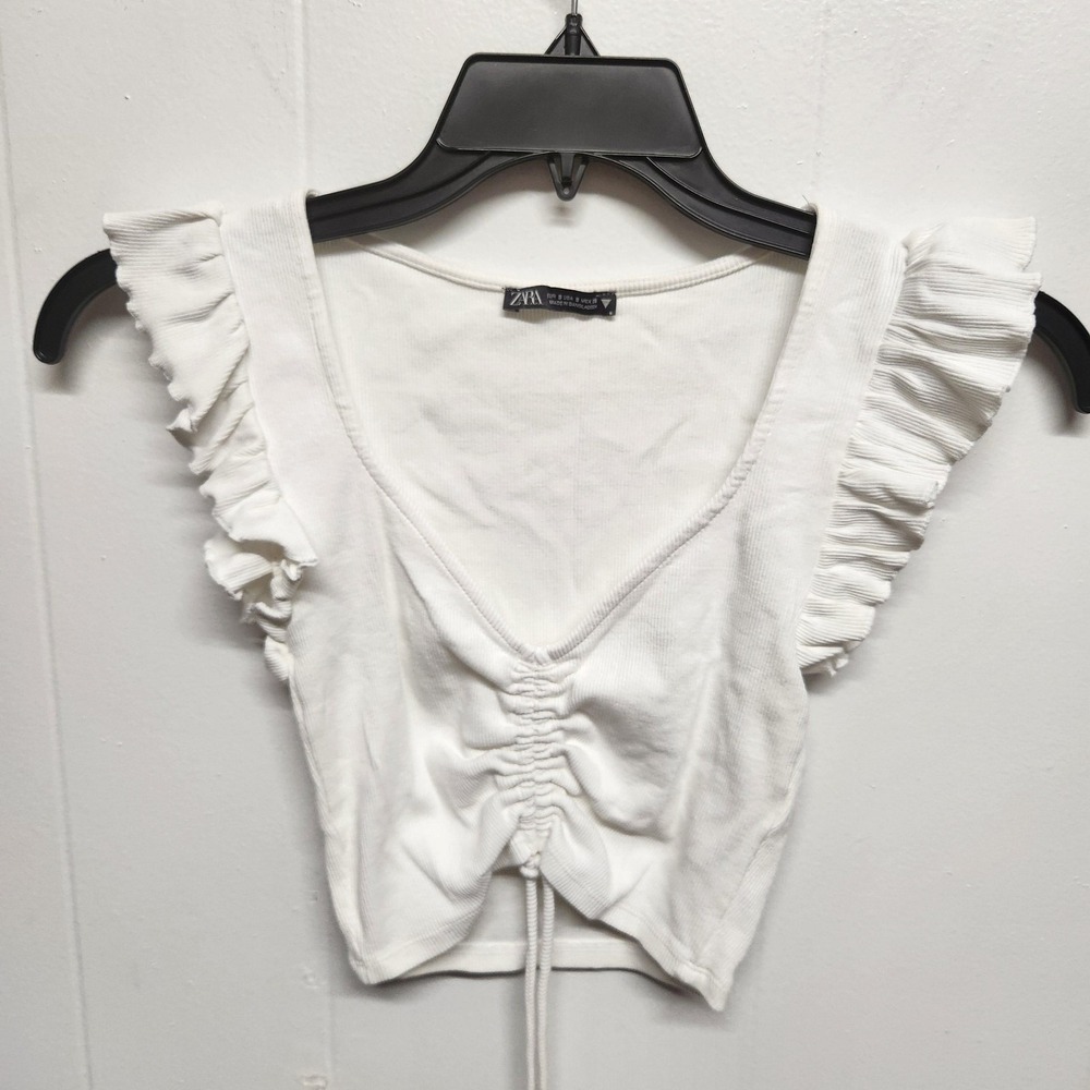Zara Shirt Womens Small White V Neck Ruffle Flutter Sleeve Ruched Crop Top